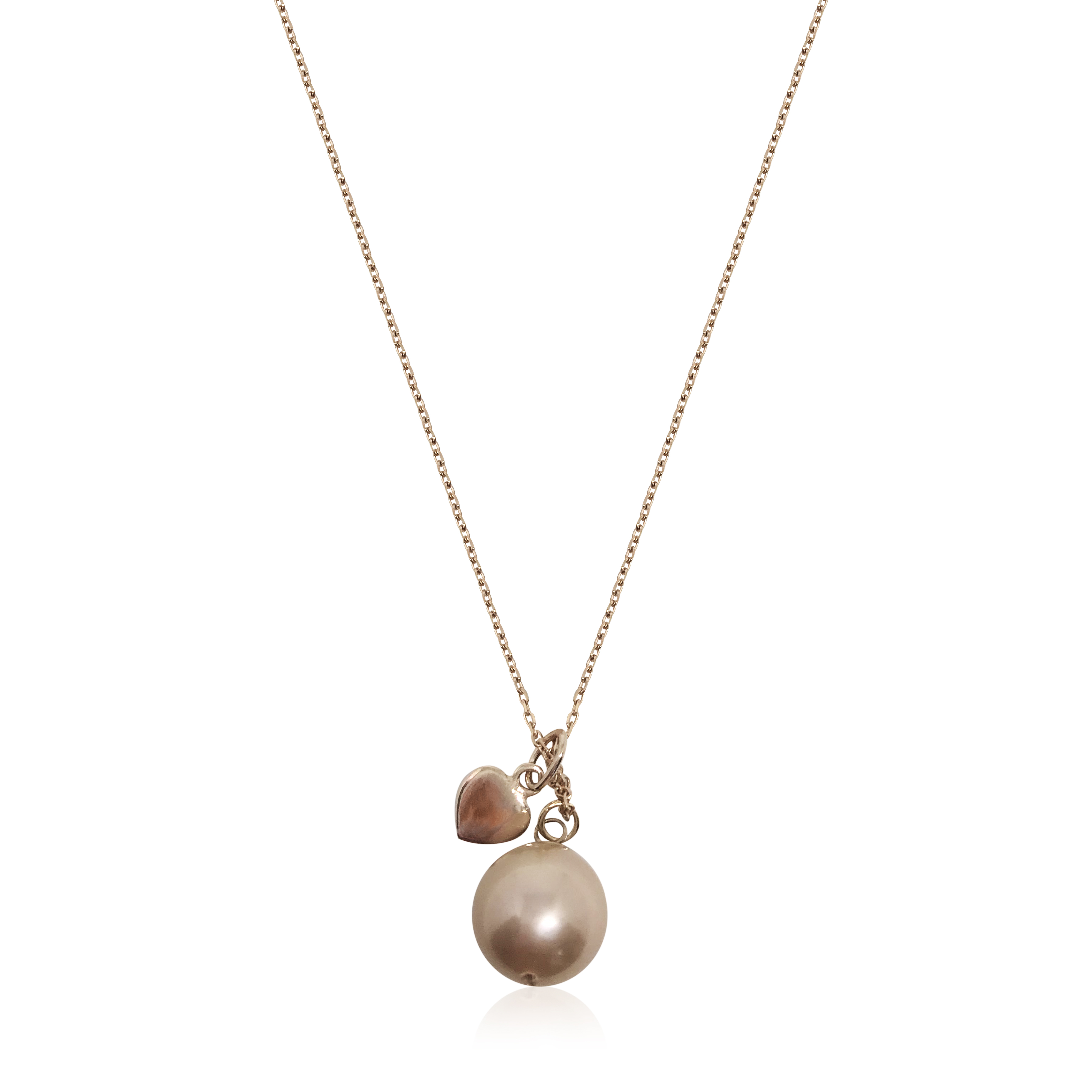 rose hued pearl and heart charm pendant necklace, rose gold