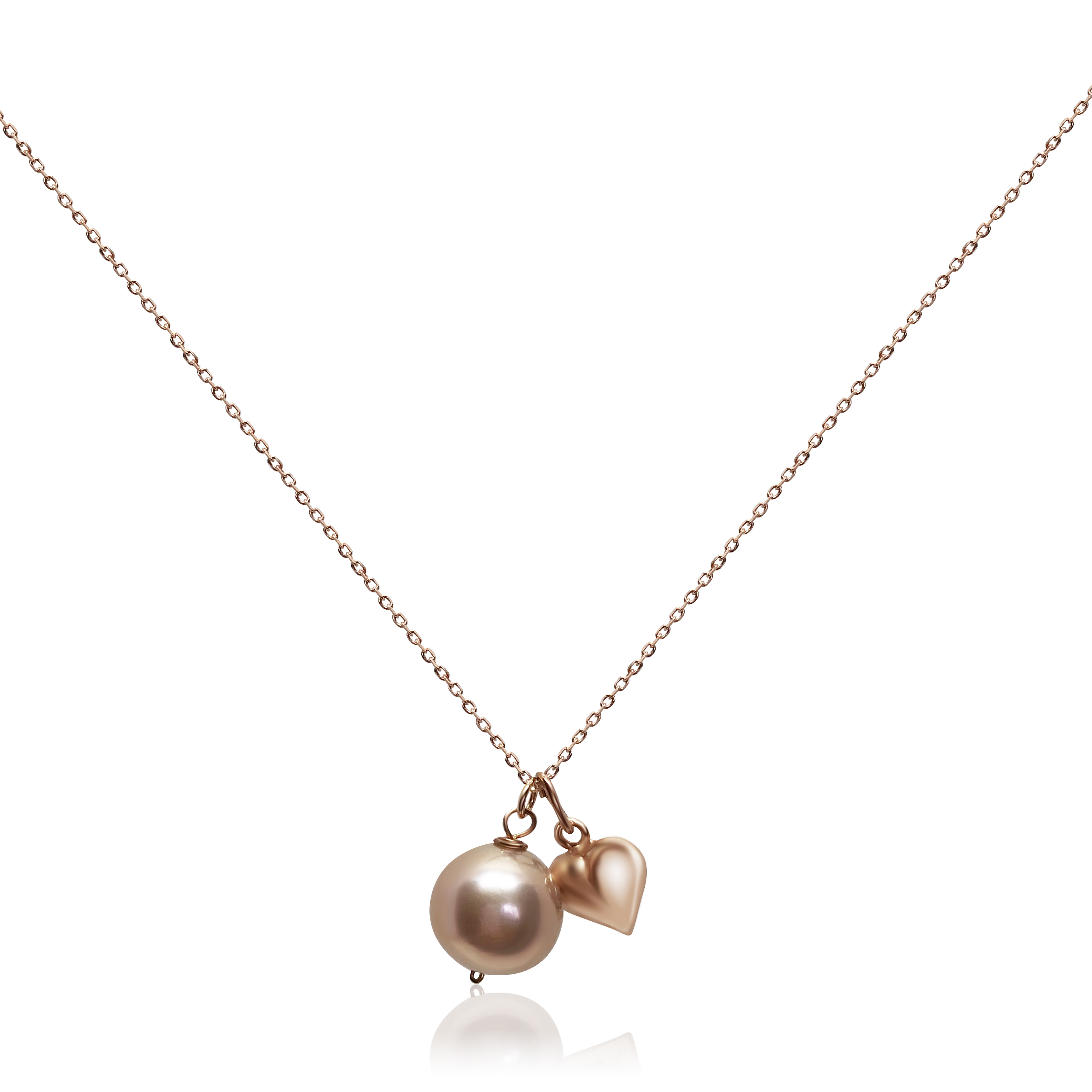 Lustrous Rose Pearl Pendant with Puff Heart Charm, Rose Gold